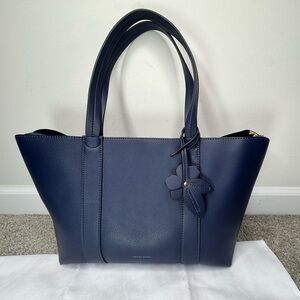 Draper James Elle Tote with Removable Flower Key Fob Navy Blue Pebble Leather